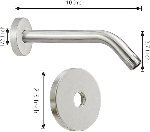 Miniatura 5 de Voolan Brazo de ducha con brida y cinta de teflón, brazo de extensión para cabezal de ducha fijo de baño, acero inoxidable sólido, montado en la