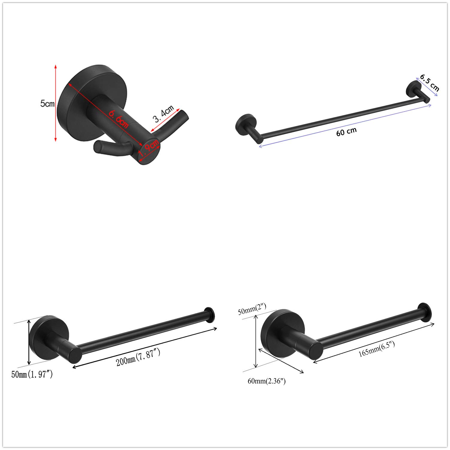 Suyar Set Accessori Bagno Nero Opaco 4 Pezzi | In Acciaio Inox SUS 304, Include Porta Asciugamani, Gancio, Porta Rotolo, Barra