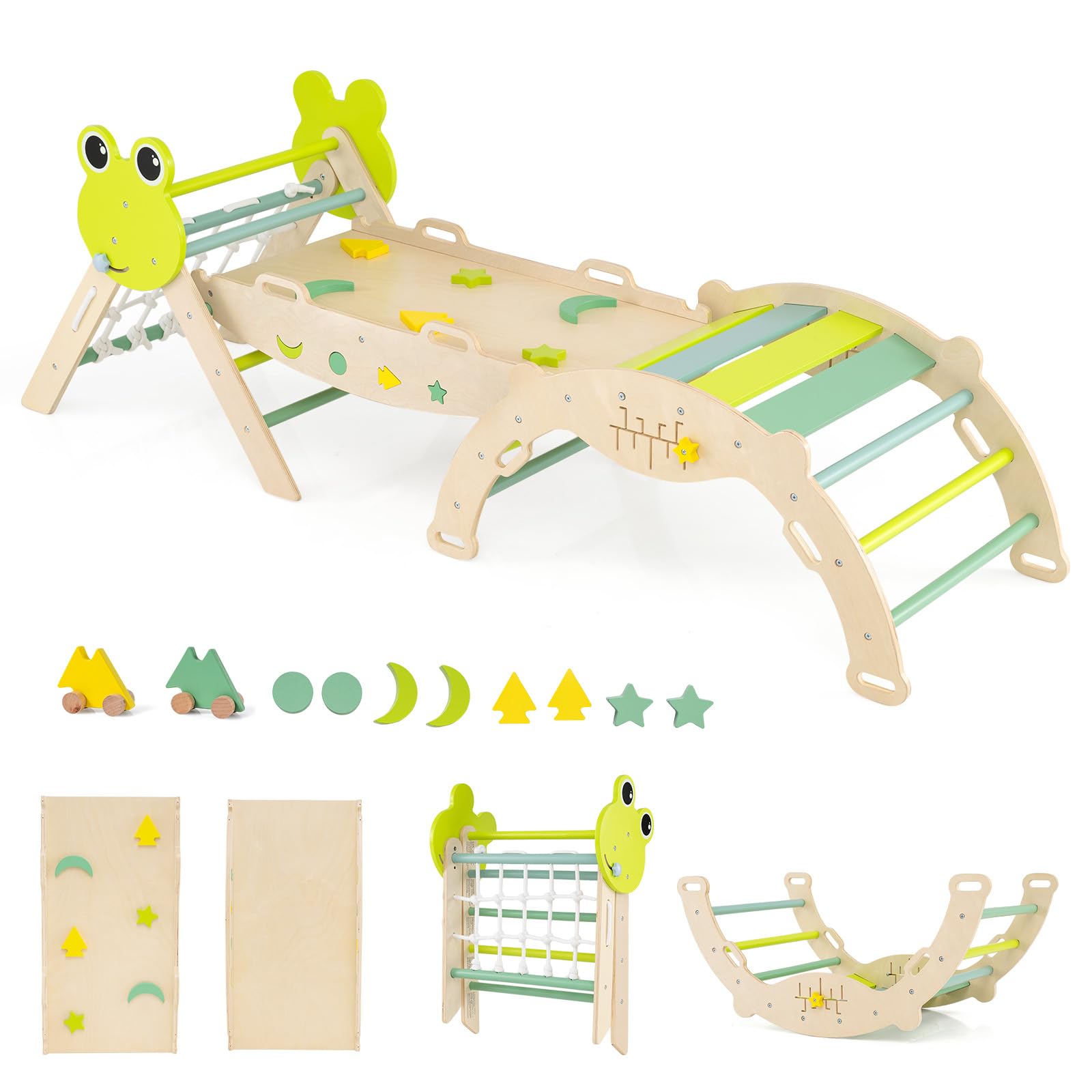 RELAX4LIFE Set da Arrampicata per Bambini, Triangolo di Arrampicata con Scivolo e Arco, Gioco di Incastri in Legno, Gioco Montessori per Bambini 1+ Anni (Rana con Rete-3 Pezzi | Verde)