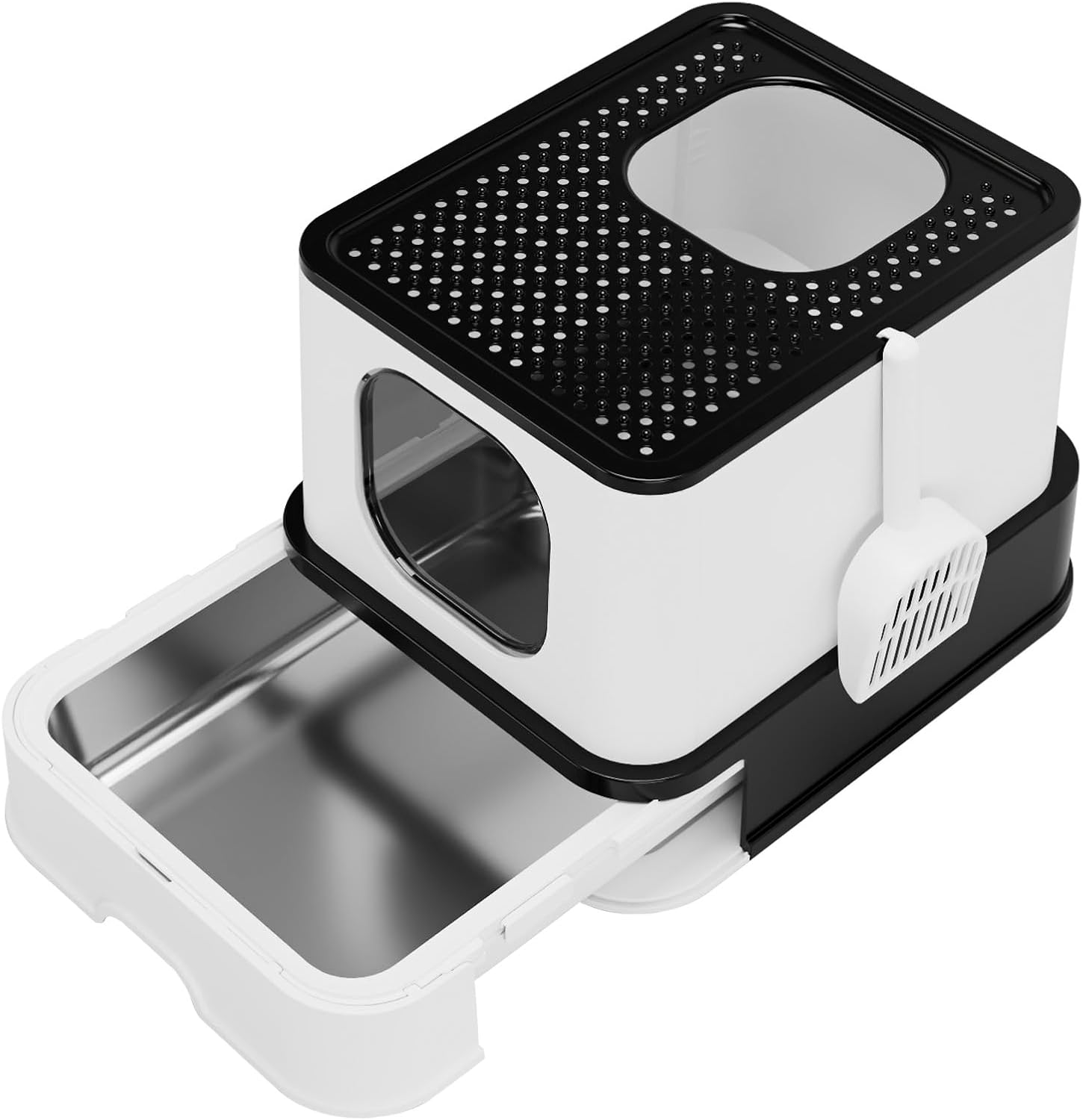 RIZZARI Stainless Steel Litter Box: Large Dual-Entry Enclosed Leakproof Design - Odor-Free Non-Stick Cleaning - Teflon Coating & Pull-Out Sifting Tray for Multi-Cat Homes - Use in Living Room