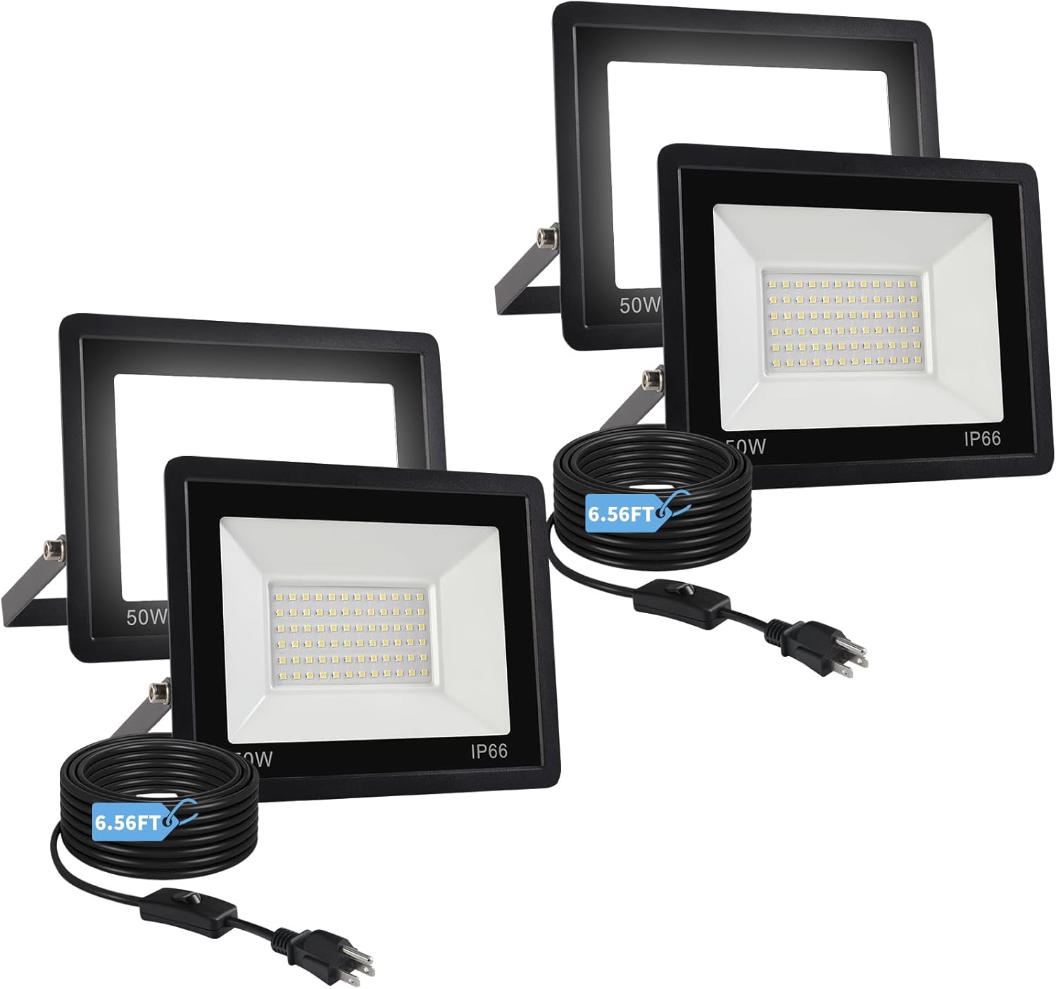 50W Flood Lights Outdoor,8000LM Bright LED Work Light,IP66 Waterproof Outside Lights for Yard with Switch and 6.5FT Plug,6500K Daylight White Outdoor Yard Light for Garage,Garden,Stadium(4Pack)