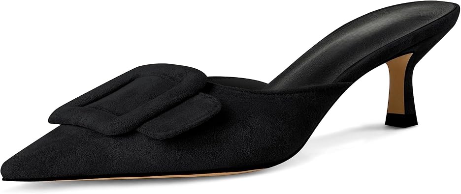 Women's Black Kitten Heel Mule Sandals - Pointed Toe, Buckle, Suede, Memory Foam Insole, Party, Club, Dance, Size 6-11