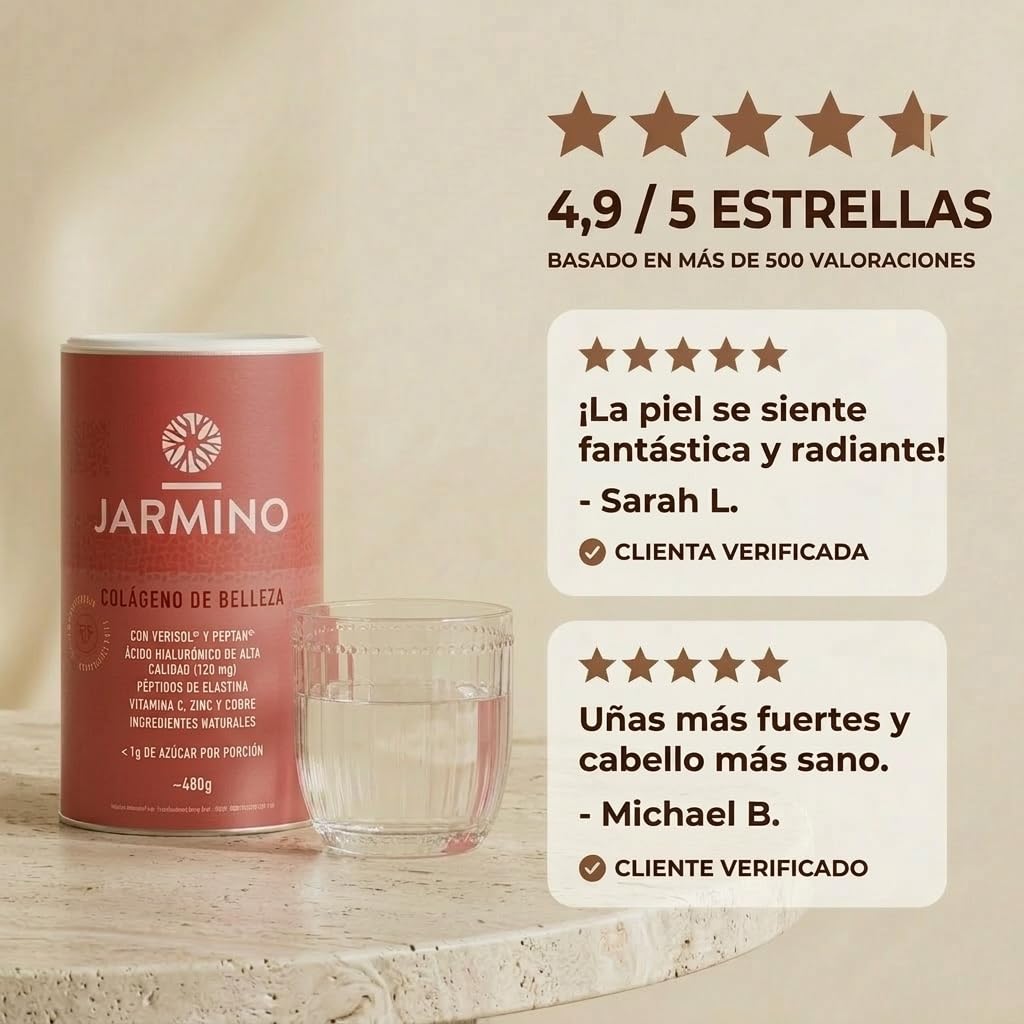Colágeno de belleza + fórmula de ácido hialurónico | antienvejecimiento desde el interior | 10g de polvo de colágeno por porción (30 porciones)| sin aditivos | 450g | JARMINO