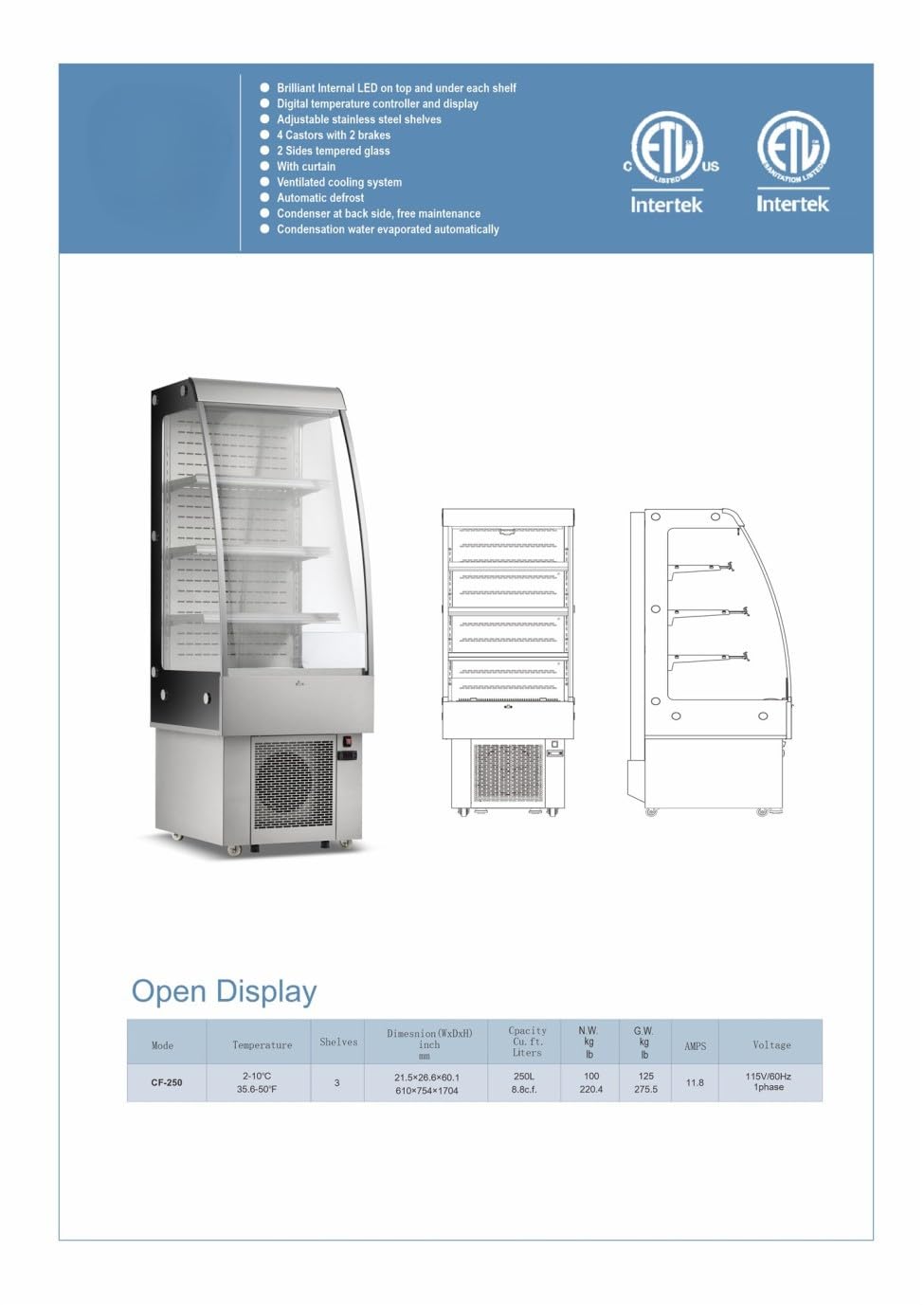 Elite Kitchen Supply Commercial Open Display Refrigerator, 8.8 Cu Ft, 250L Capacity, LED Lighting, 3 Adjustable Shelves, Digital Temperature Control CF-250 ETL