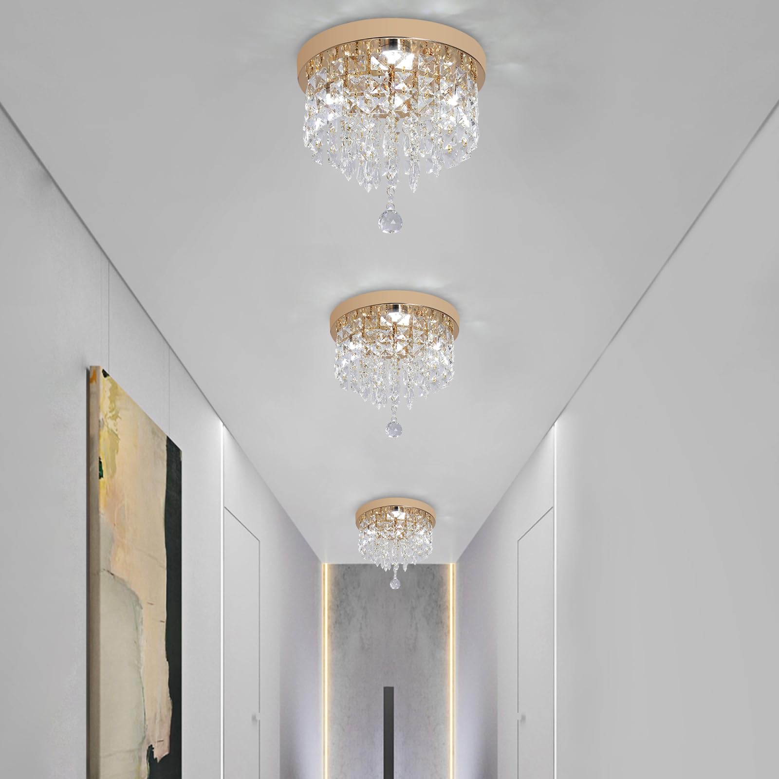 Deckrico Lámpara de Techo LED Dorada con Cristales, Luz Blanca, Moderna para Recámara, Baño, Clóset o Pasillo