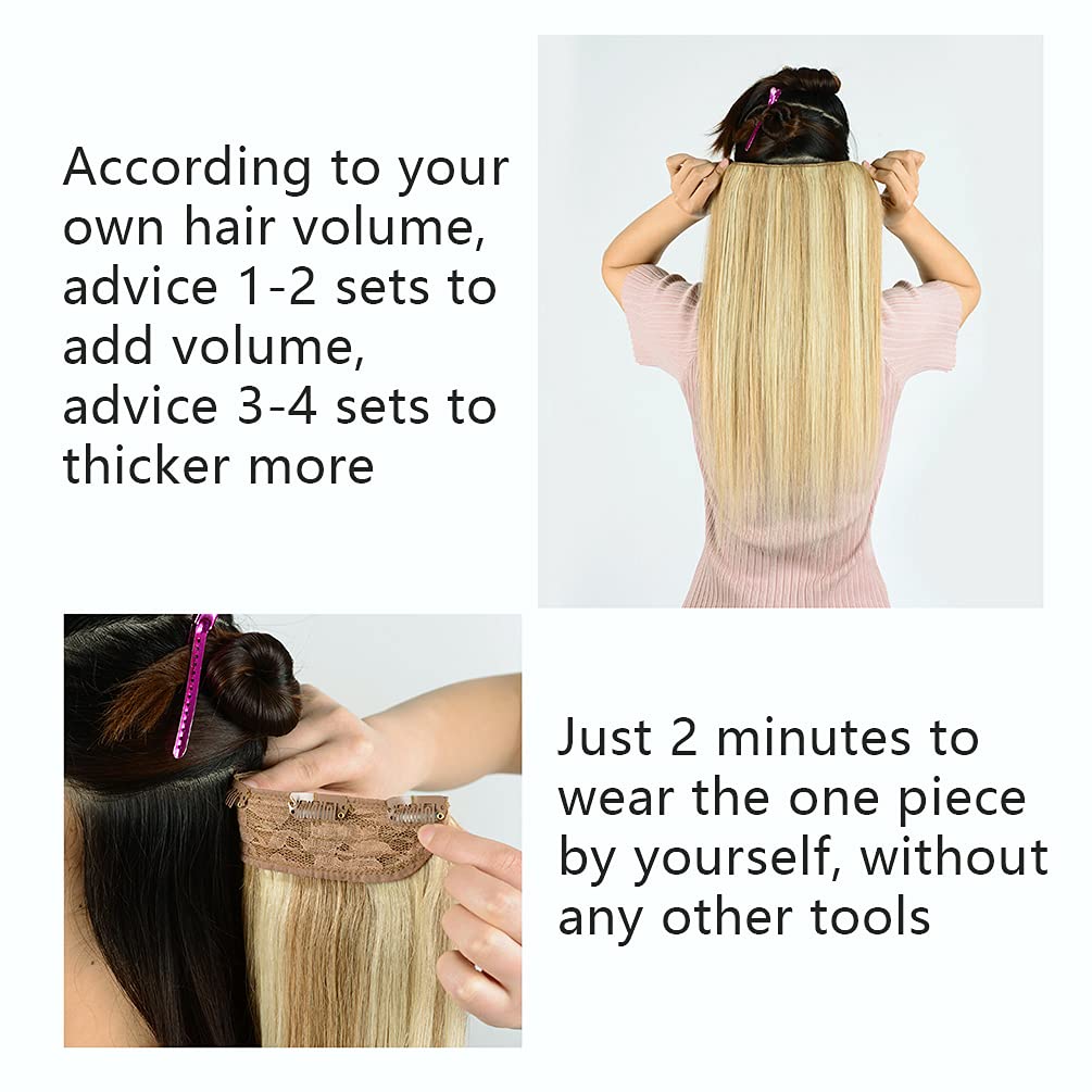 Winsky Hair Extensions Real Human Hair Clip in - One Piece Brown Highlights Blonde Remy Hair Pieces 70gram for Women (14inch, #18/613)