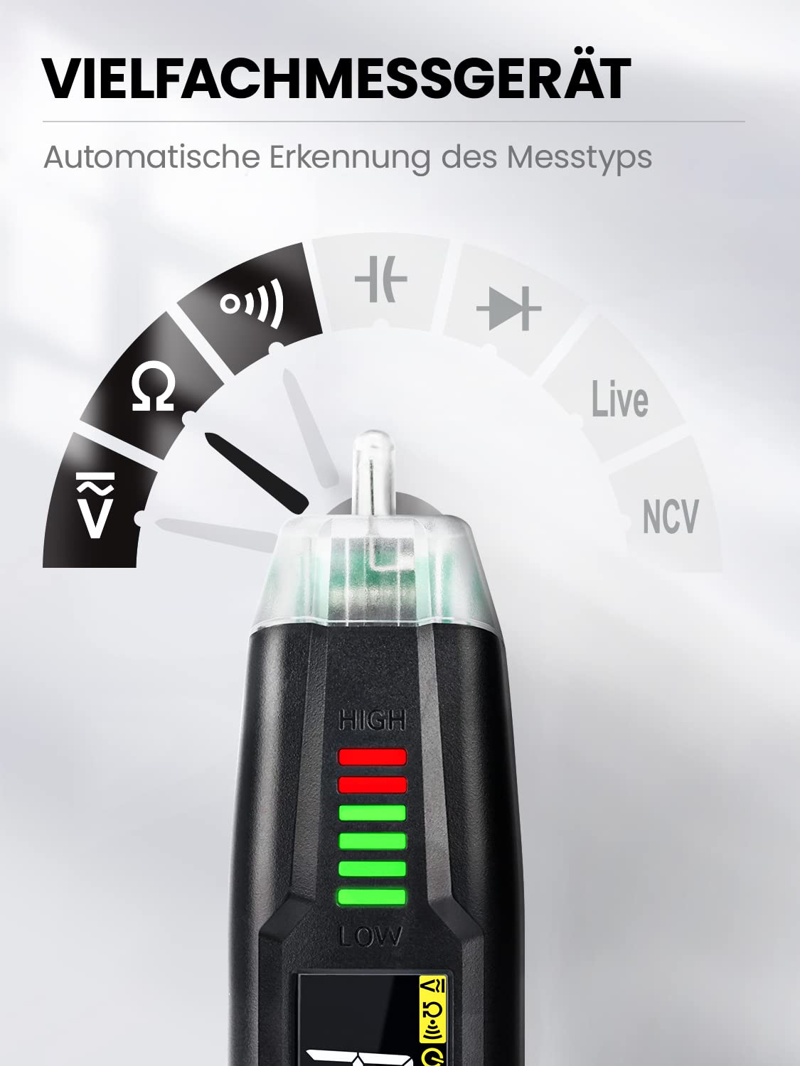 Smart Multmeter digital/Spannungsprüfer berührungslos zweipolig, Batterietester Durchgangsprüfer Phasenprüfer Stromprüfer Voltmeter Amperemeter Drehfeldmessgerät für KFZ Haushalt Auto, KAIWEETS ST100