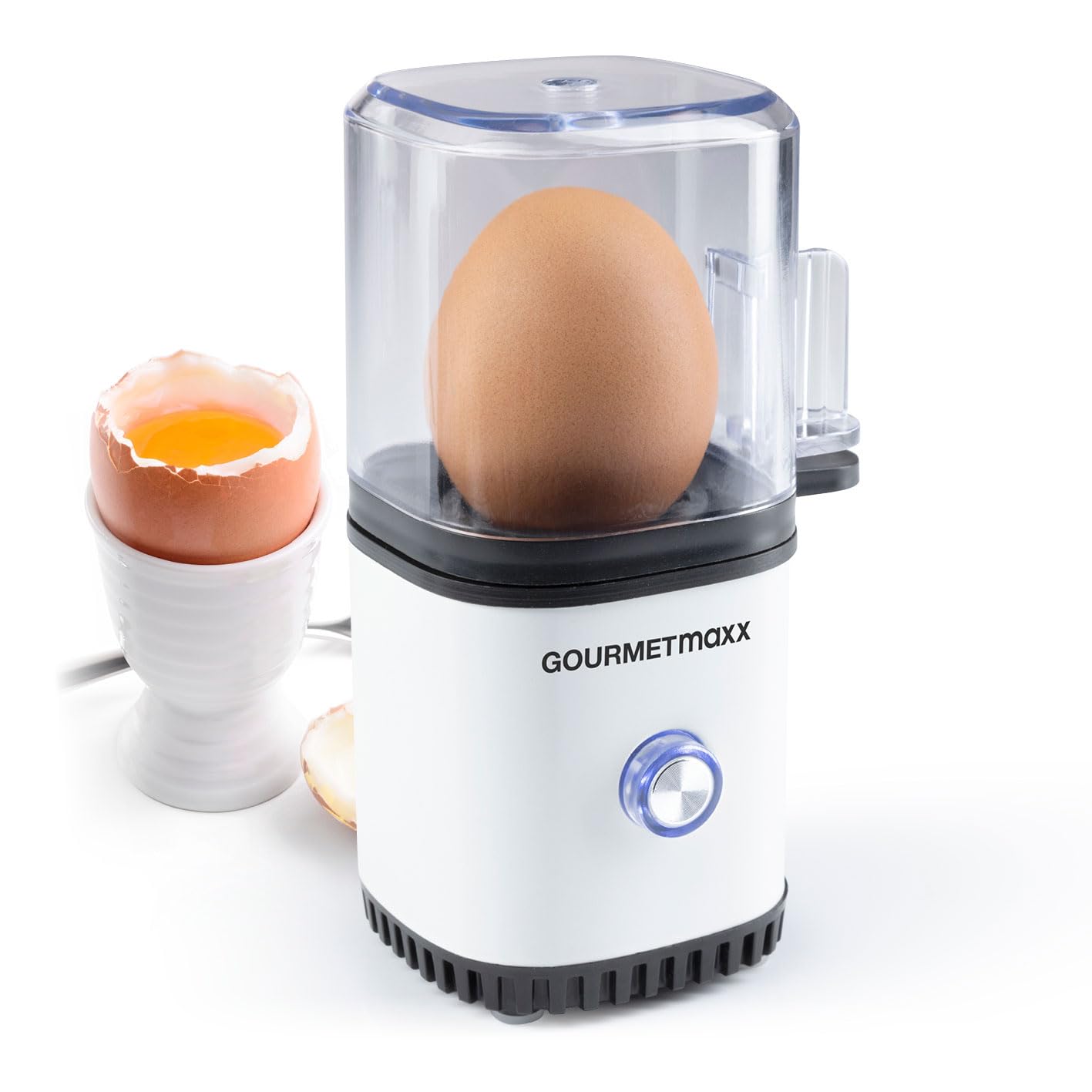 GOURMETmaxx Jajowar na 1 jajko | bojler do jajek z wykrawaczem do jajek w miarce | Egg Cooker – 3 stopnie twardości do Twojego kieliszka do jajka | designerski jajowar mały – części nadające się do