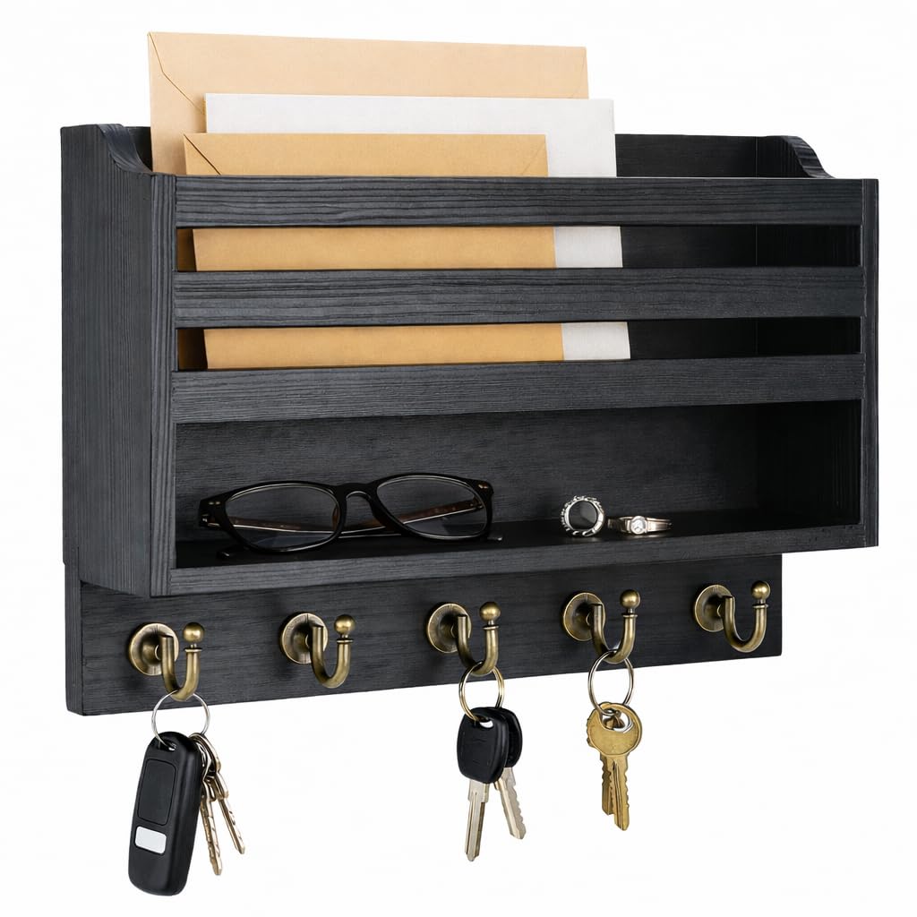 Qinpufu Key and Mail Holder for Wall, 3-Tier Wooden Key Rack with Shelf & 5 Hooks, Key Hanger and Mail Organizer for Entryway Home Decor, Black