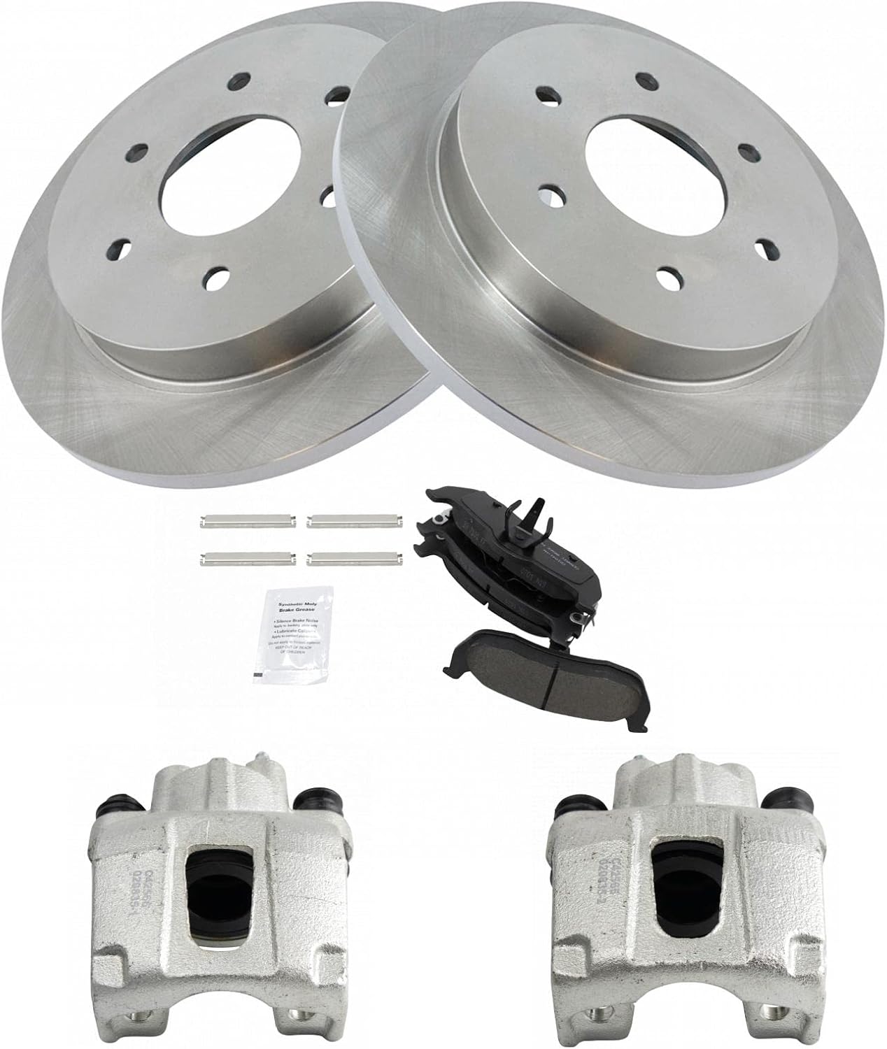 TRQ Rear Brake Pad and Rotor Set Ceramic Rotors Calipers Compatible with 2004-2010 Infiniti QX56 2004-2015 Nissan Titan 2004 Pathfinder Armada 2005-2015 Armada