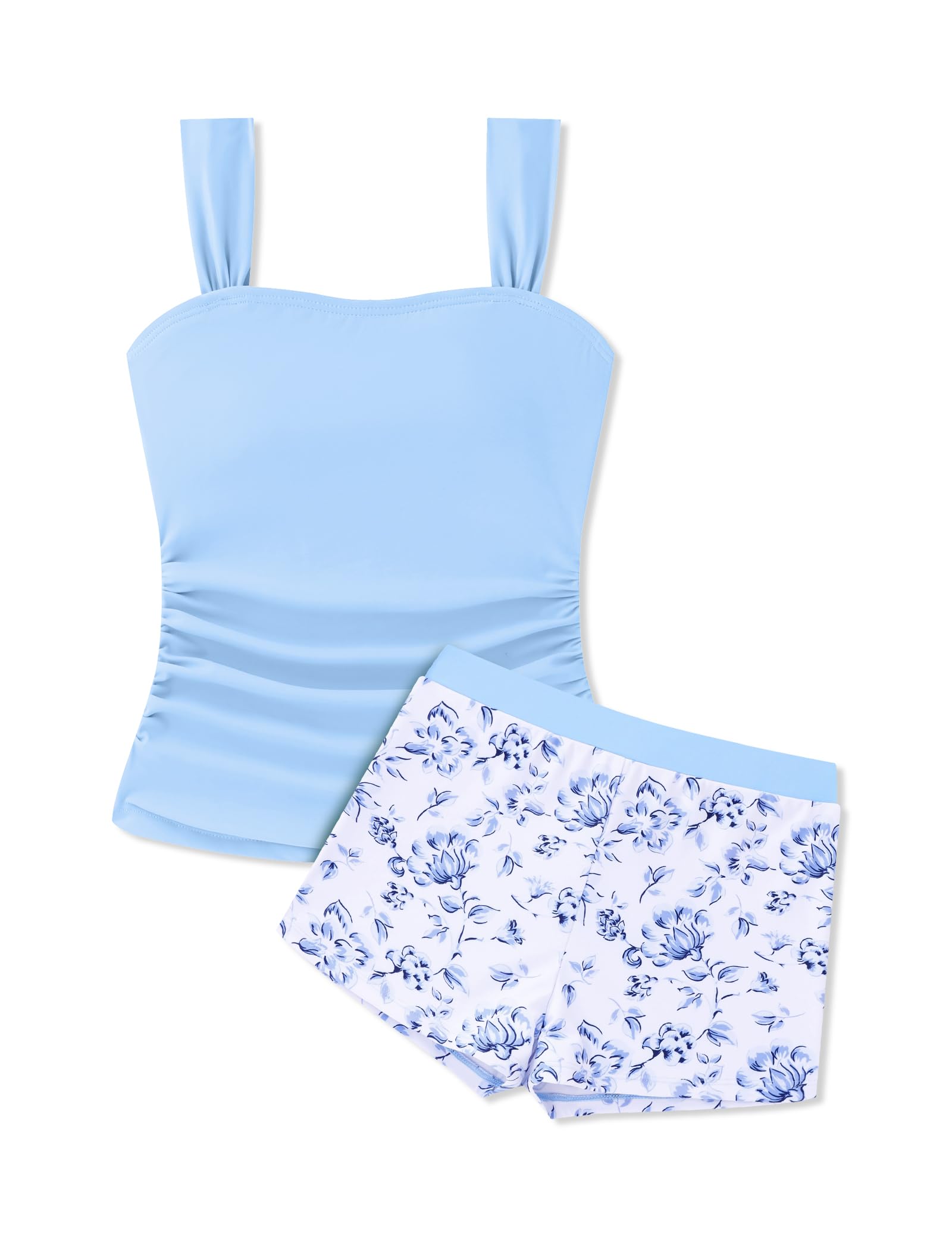 Gaupafmb Girls Tankini Swimsuit Solid Ruched Side Square Neck Top with Tropical