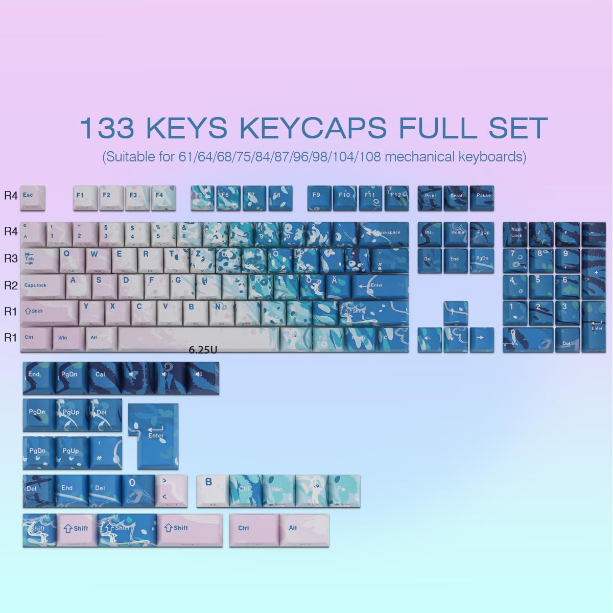 PBT Keycaps 128 Keys Pink Beach Keycaps, Double Shot Shine Through Side Printed Keycap, Cherry Profile Dye Sub Keycap for Cherry MX Switch ISO QWERTZ Layout Meccanical Keyboard
