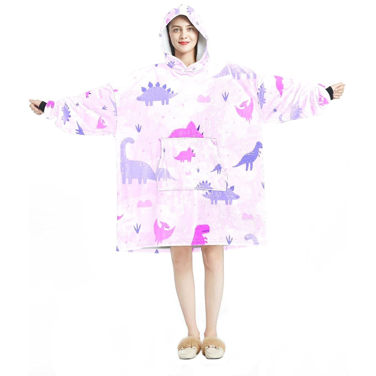 Oversized Hoodie Blanket Sweatshirt, Sherpa Flannel Wearable Blanket Hoodies with Pocket for Adults Men Women, Pink and Purple Pastel Dinosaurs