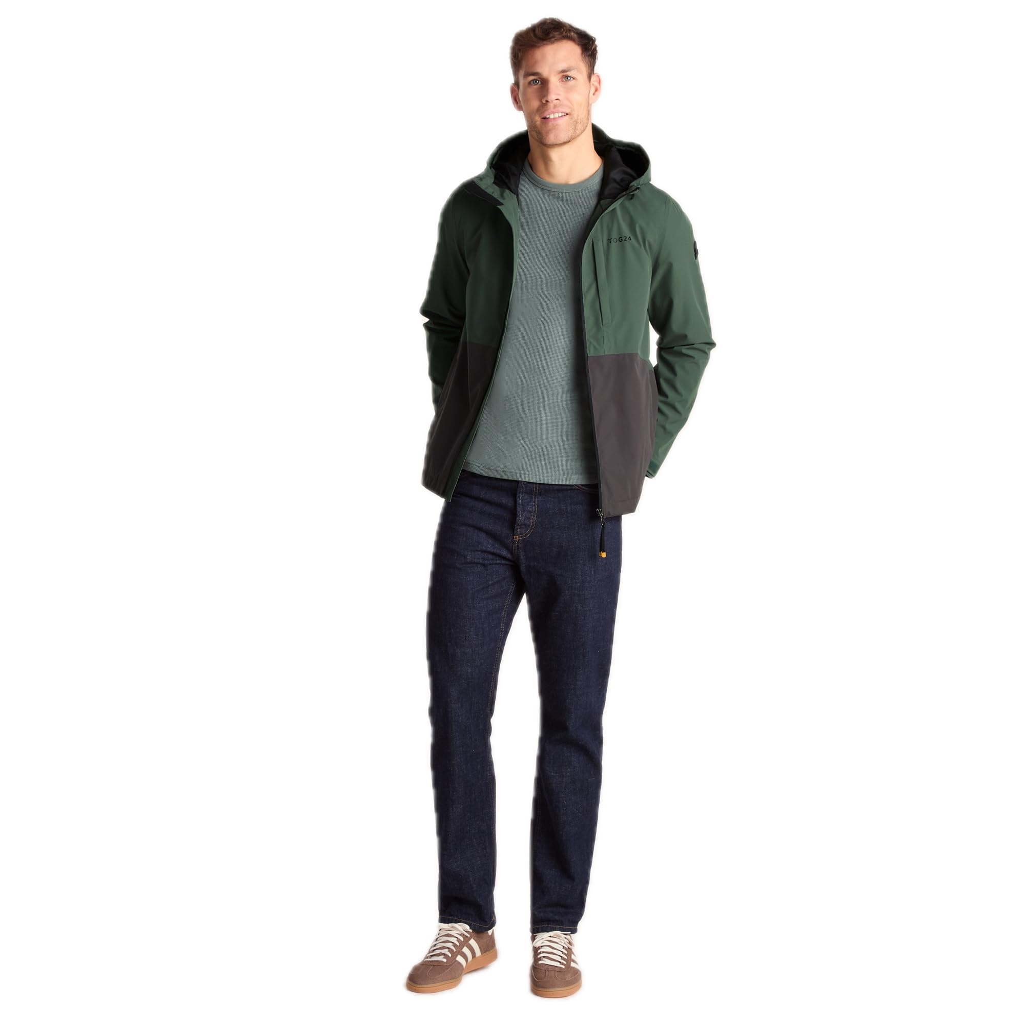 Tog24 Men's Deep Slate/Light Forest Ellon Waterproof Jacket, Breathable, Windproof, Lightweight Coat With Hood And Colour Block Design