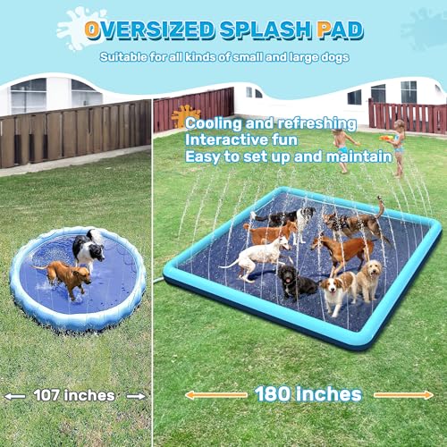 Image of 127 inch x 127 inch Giant Square Splash Pad for Dogs & Kids, Extra Large Non-Slip Sprinkler Pool, Shallow Water Play Mat for Family Backyard Water Fun, Teal