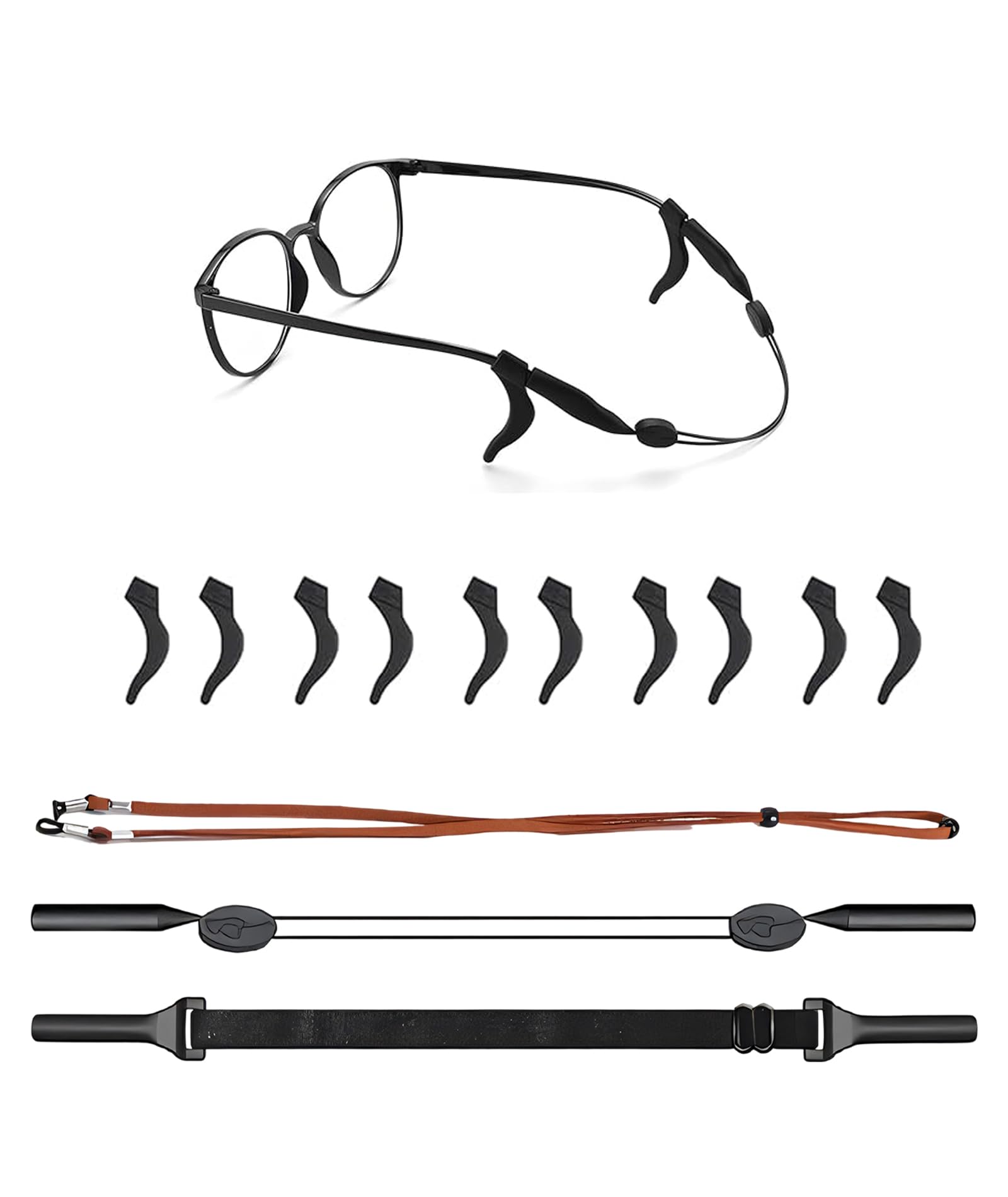 3 PCS Specs Holder Strap, Adjustable Eyeglasses and Sunglasses Holder with 3 Straps and 5 Ear Grips, Anti-Slip Grip Guard for Sports and Outdoor Activities, Suitable for Men and Women