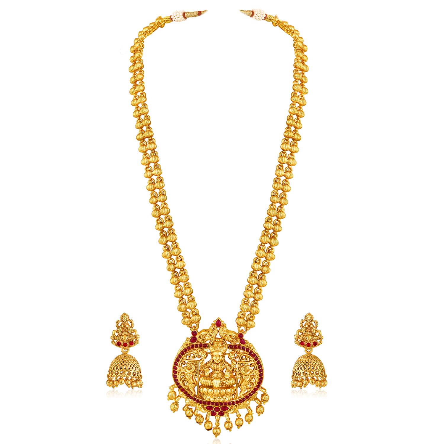 Gold Plated Rani Pink Synthetic Stone Studded Long Necklace Jhumki Earrings Jewellery Set for Women & Girls-image-47