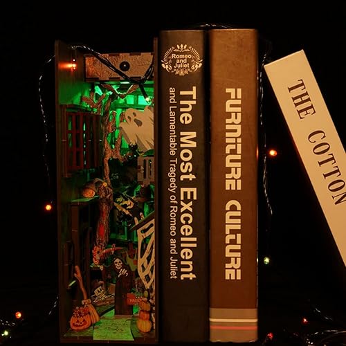 Miniatura 6 de Kits de rincón de libros para adultos, mini casa de muñecas de madera 3D de Halloween, modelo de manualidades con LED, kit en miniatura de rincón de
