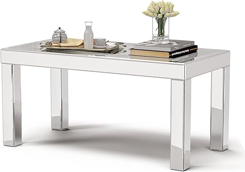 Miniatura 9 de IKIFLY Mesa auxiliar con espejo con tablero de cristal de espejo, mesa auxiliar rectangular de cristal, mesa de café para sala de estar y dormitorio