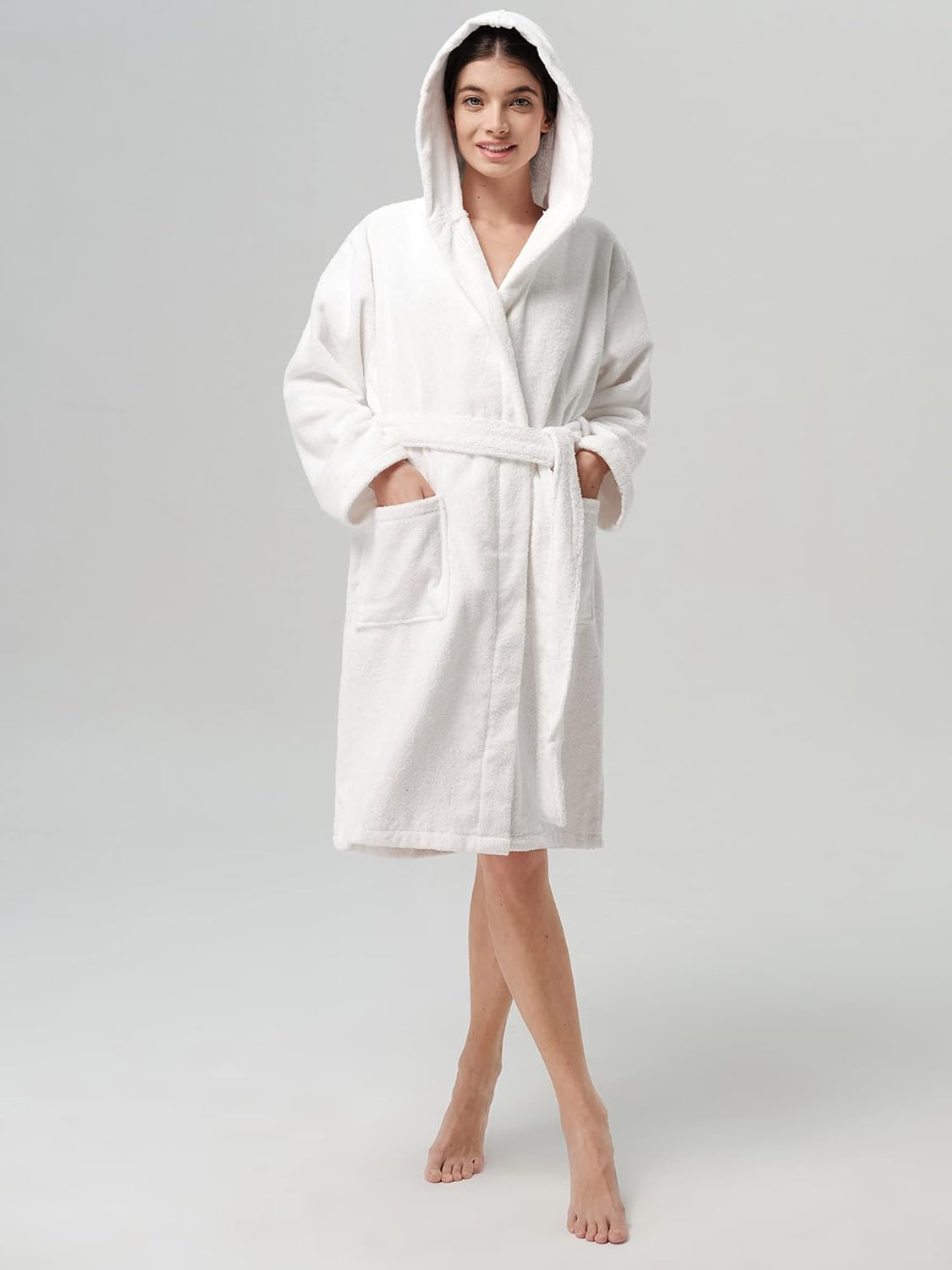 SIORO Women Hooded Terry Cloth Robes, Cotton Long Soft Plush Bathrobe for Shower, Spa, Towel Knee-Length Robe with Pockets - Image 3