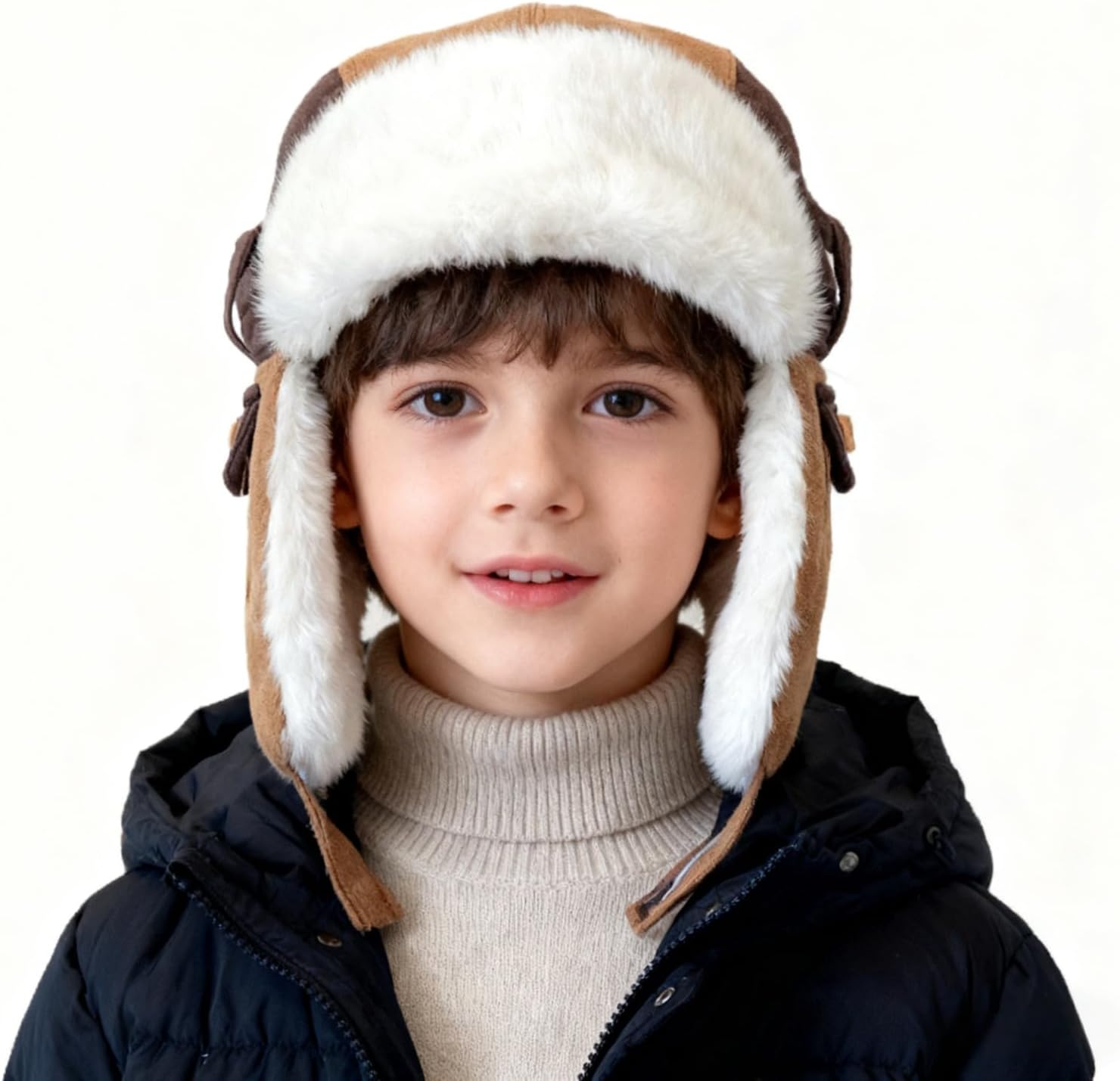 PURFUN Kids Fuzzy Faux Fur Trapper Hats with Ear Flaps, Girls Boys Winter Contrast Color Warm Cycling Ski Caps for 3-8 Yrs