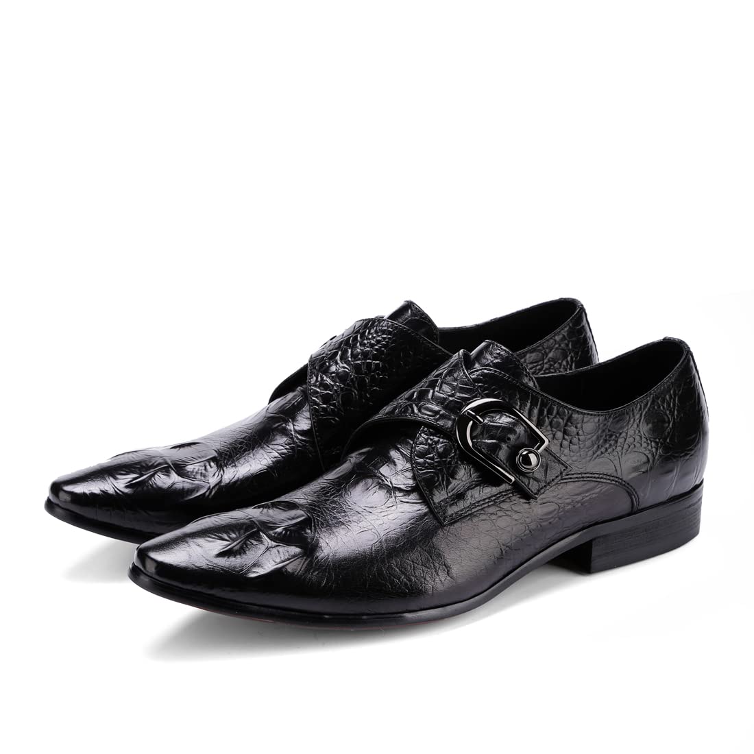 Mocassini Formali Affari da Uomo Scarpe Monk Rilievo a Punta in Vera Pelle Scarpe da Abito Slip On con Fibbia