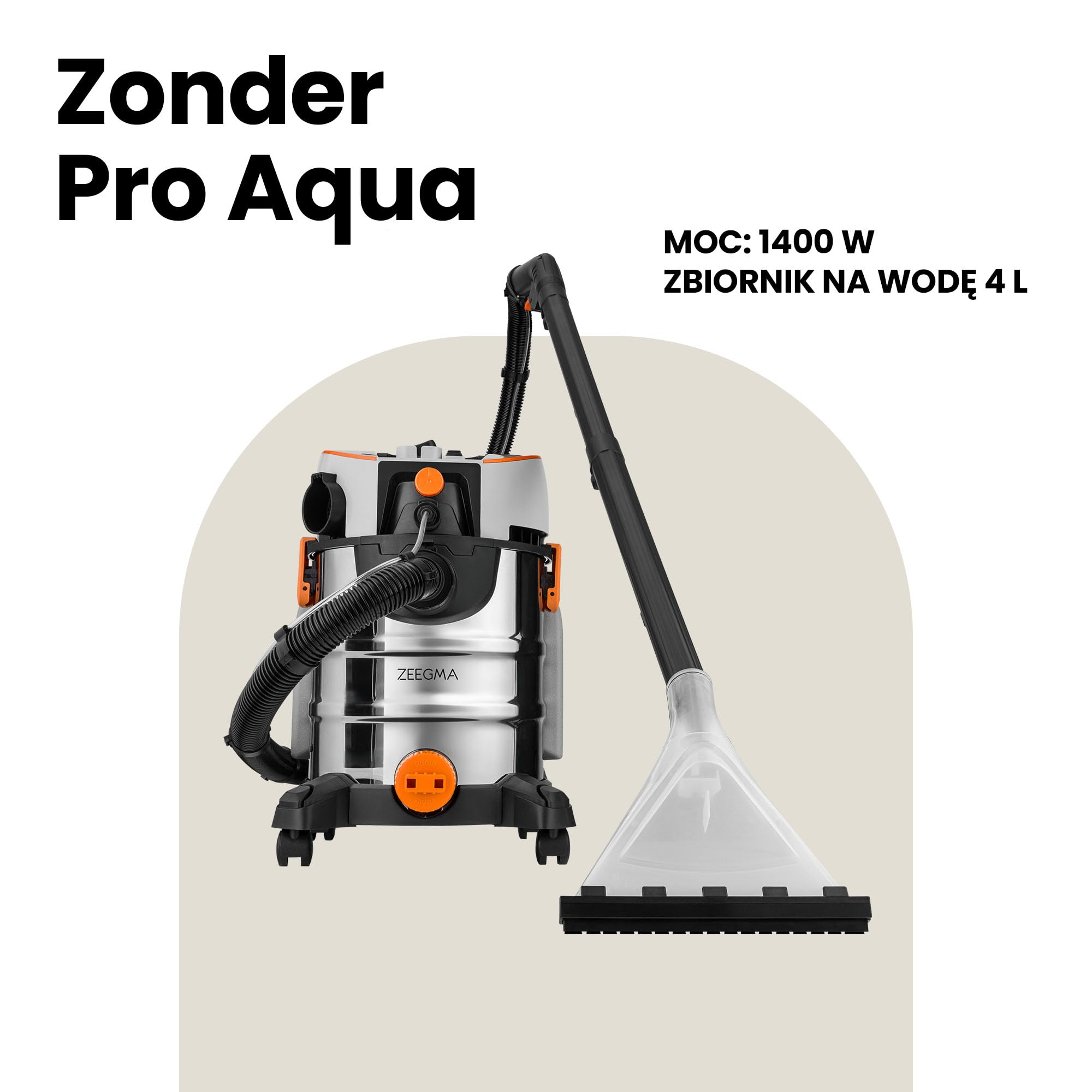 ZEEGMA ZONDER PRO AQUA Odkurzacz Piorący do Pracy na Mokro i Sucho 1400W, do Dywanów Samochodu Tapicerki Schodów, Zbiornik na Wodę Czystą 4 L, Zestaw Filtrów oraz Ssawek Piorących