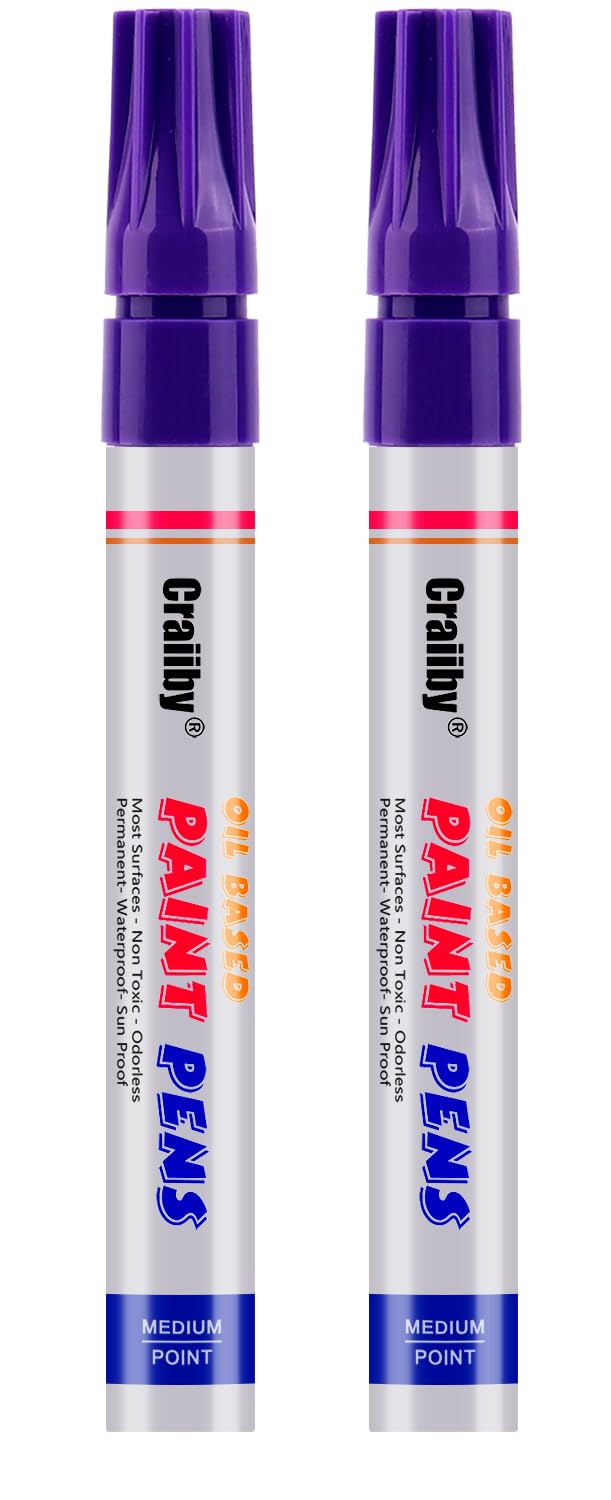Purple Paint Markers, 2 Pack Oil-Based Waterproof Quick Dry Permanent Paint Pen Set for Rocks Painting, Wood, Fabric, Plastic, Canvas, Glass, Mugs, Metal, Tire, Stone, DIY Craft