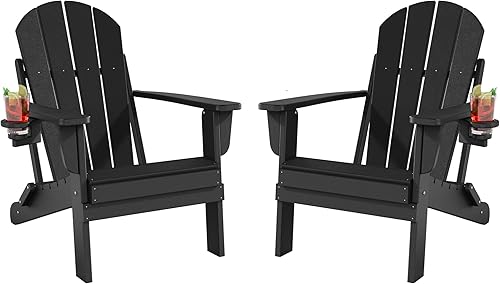 Juego de 2 sillas plegables Adirondack para patio resistentes a todo tipo de clima, sillas exteriores resistentes con soporte para tazas, sillas de