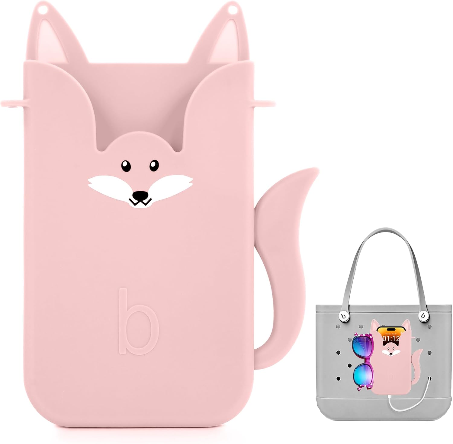Silicone Phone Holder for Bogg Bags – Compatible Phone Case Attachment, Beach Tote Accessory, Fox-Shaped Bogg Bag Accessories & Charms, Compatible with All Bogg Bags(Pink)