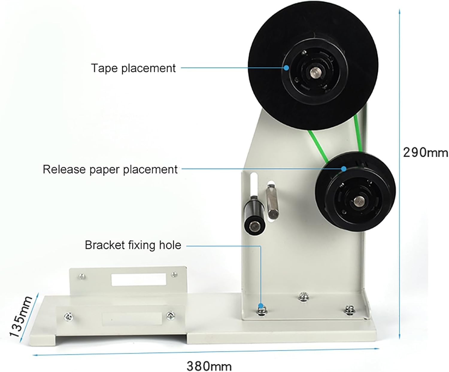 Staffa per dispenser automatico di nastro adesivo con sistema di spelatura e riciclo efficiente per un flusso di lavoro ottimale.