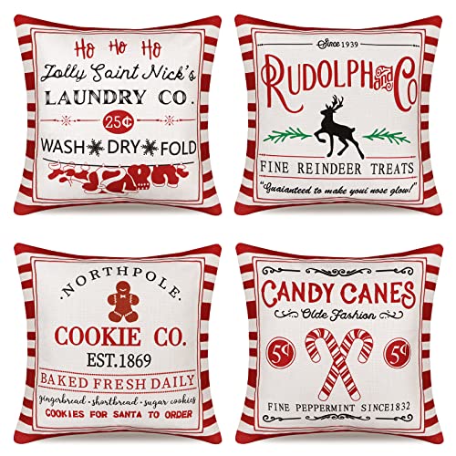 Image of LOMOHOO Christmas Cushion Covers Set of 4, Winter Xmas Decorative Pillow Case Cover Sofa Living Room Decor (Stripe, 45 x 45 cm (Pack of 4))