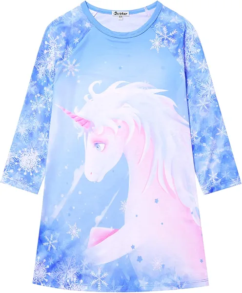 Jxstar Nightgowns for Girls, Long Sleeve Pajamas Sleepwear Unicorn Mermaid Cotton Night Dresses