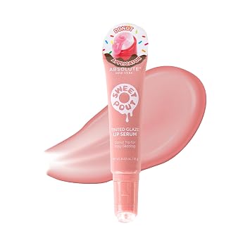 Absolute New York Sweet Pout Tinted Glaze Lip Serum, Donut Tip Applicator, Hydrating Formula with Peptides, Vitamin E and Jojoba Seed Oil Peaches N Cream