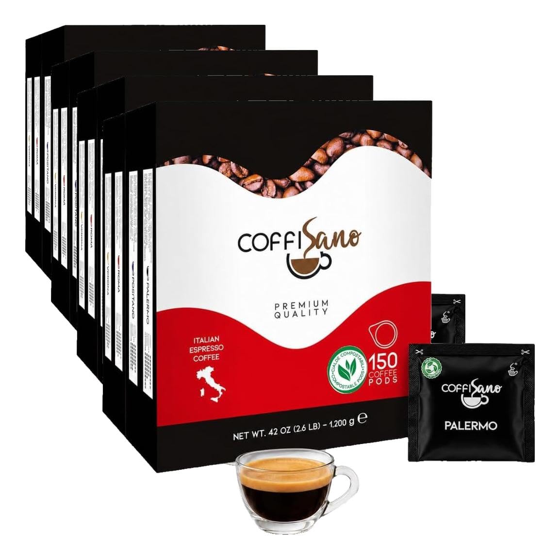COFFISANO 150 Cialde Miscela Palermo Caffe ESE 44 mm in Filtrocarta, 8 g a Cialda, Espresso Italiano Intenso e Corposo, Bustine Monodose, Tostato in Italia (Confezione da 4)