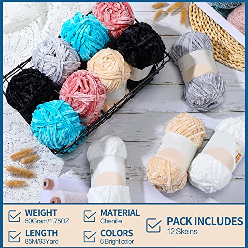 Image of Xinnun 12 Skeins 1116 Yards Chenille Velvet Soft Thick Plush Yarn Bulk for Crocheting Knitting Blanket DIY Weaving Craft, 6mm, 3.5 Oz /Skein(Multi Colors)