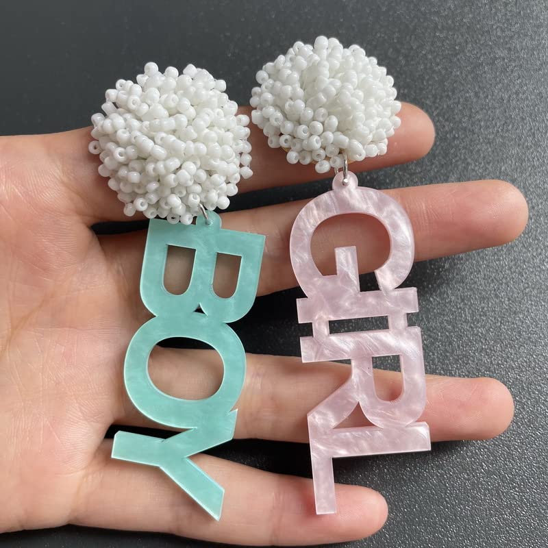Boy Girl Gender Reveal Earrings Beaded Ball Stud Blue Pink Acrylic Letter Earrings for Gender Reveal, Pregnancy Announcement, Baby Shower Party-A3