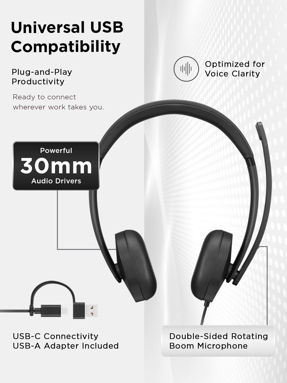 Lenovo Wired VoIP Headset 5000 per Teams, cuffie cablate USB-C con adattatore USB-A, AI noise reduction via LADM, microfono boom reversibile, plug & play