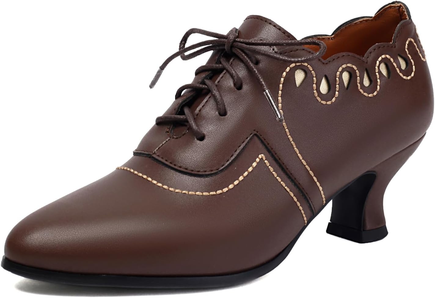 SACFOF Women's Kitten Heels Oxford Pumps Victorian Style Vintage Mid Heels Lace Up Costume Cosplay Shoes
