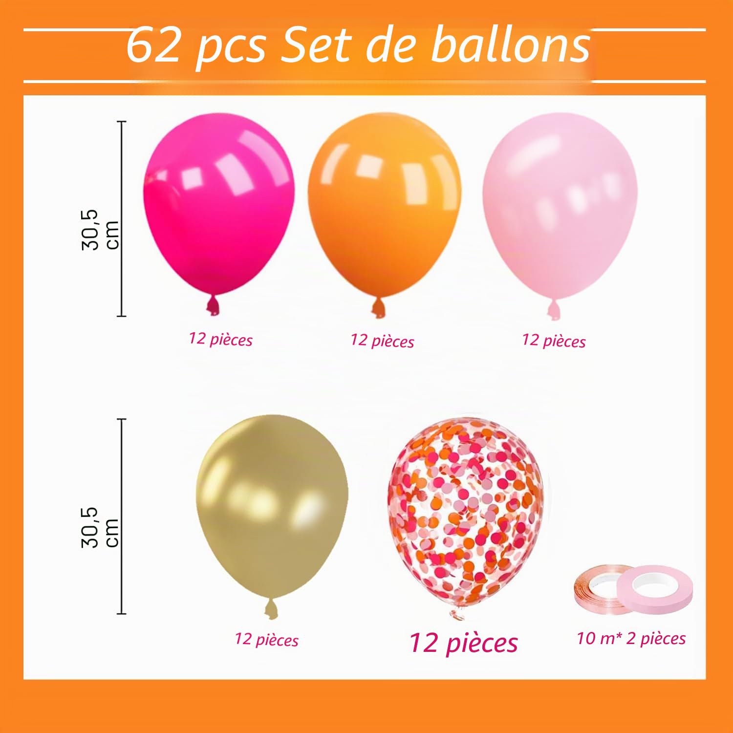 Ballons Rose Orange 60 Pièces Anniversaire Fille Latex Hélium Métallique Or Confettis Décoration Fête