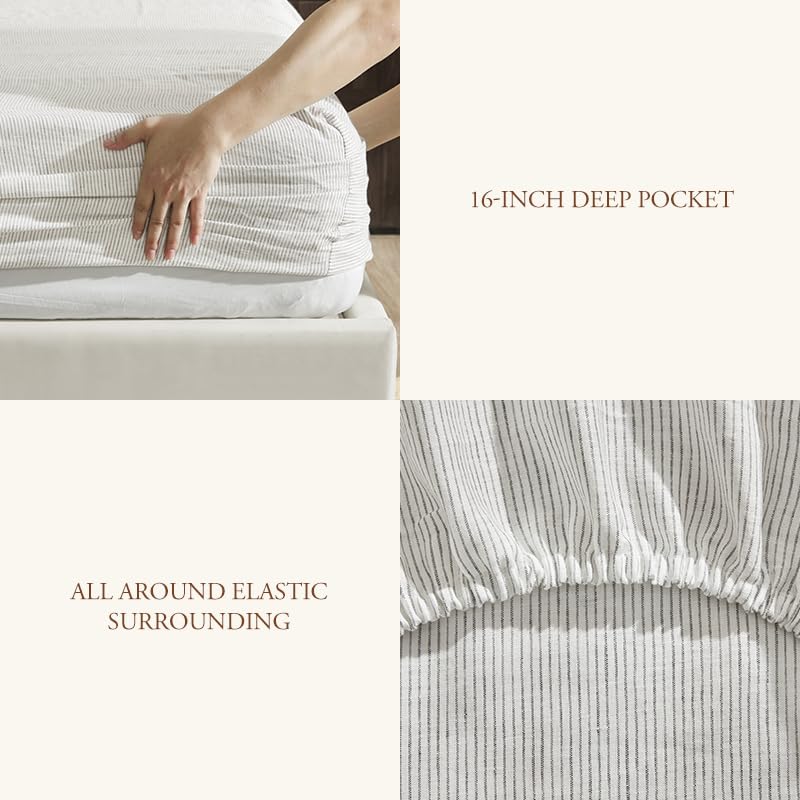 DAPU Linen Sheets King,Yarn Dyed Striped Pattern 100% Washed Linen Bedding with Envelope Closure,4PCs Soft Linen Sheets Set,Thin Stripe Weaved Pattern in Off-White & Grey,King Size