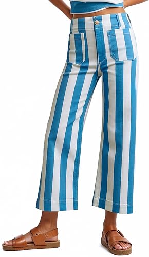 Kedera Blue and White Striped Pants High Waisted Wide Leg Denim Pants Trousers S