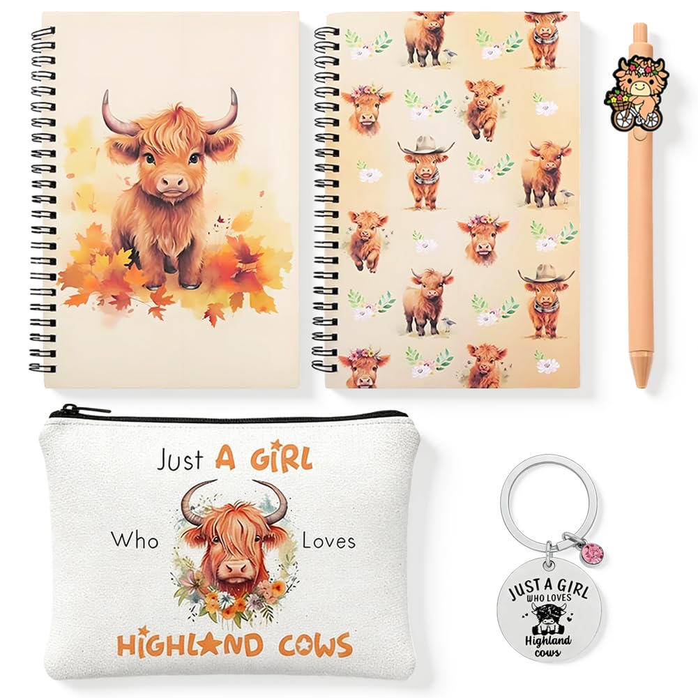 CYGMRFH Highland Cow Gift Set 4 Pieces,Stationery Set Includ Notebook, ballpoint pen, keychain, storage bag Perfect for Stationery Lover, School Teacher Friends Birthday Graduation Presents