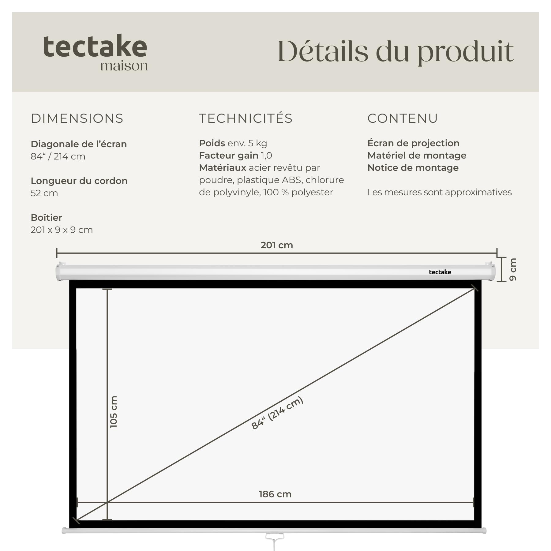 tectake® Écran de Projection pour Mur ou Plafond, 186x105 cm, Ecran videoprojecteur Format 16:9, Toile videoprojecteur 4K, HD, Full HD, Ultra HD, Ecran de Projection Toile projecteur Écran projecteur