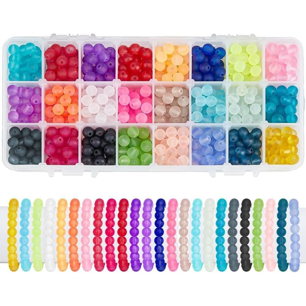PH PandaHall 720pcs 8mm mattierte Glasperlen 24 Farben mattierte Kristallperlen Bunte Abstandshalter Perlen Lose runde Perlen Transparente Perlen für Armbänder Halskette Ohrring DIY Craft