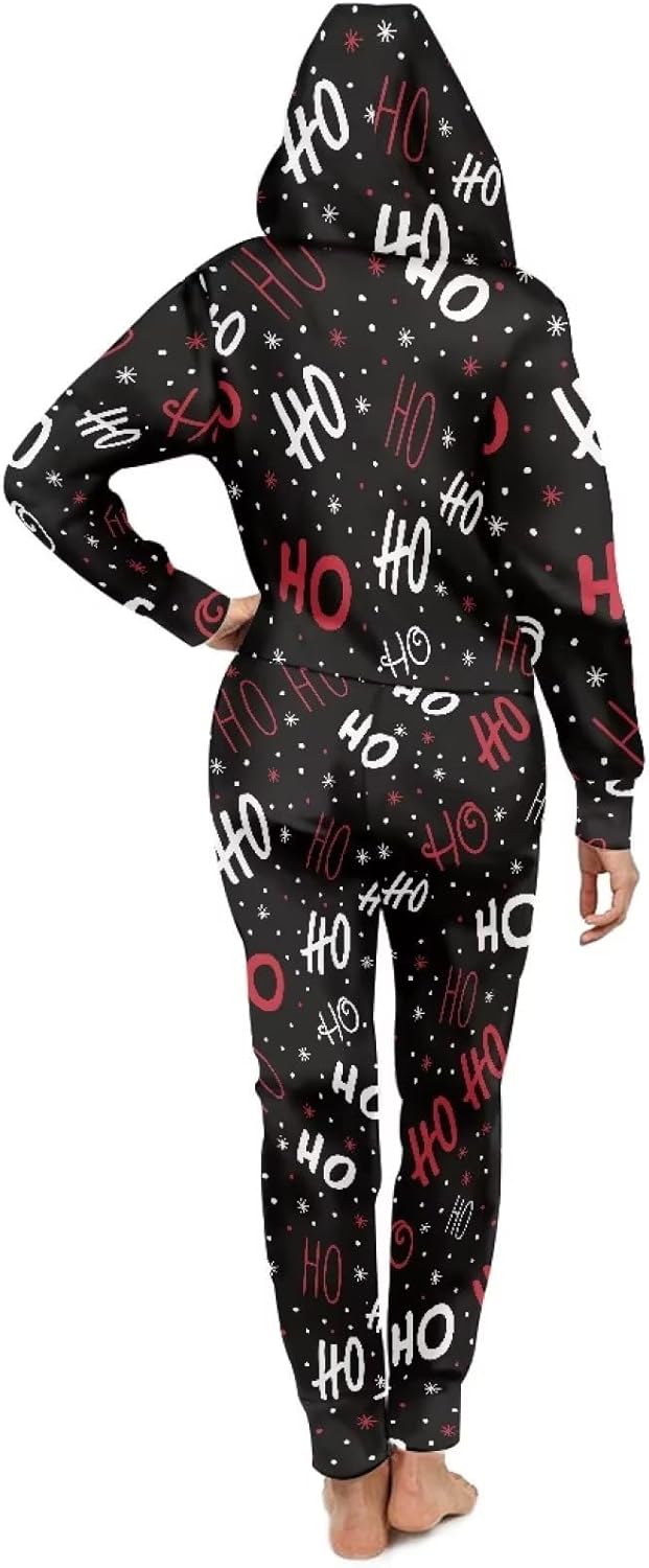 Yewattles Unisex Onesie Novelty Printed One-piece Pajamas Women Men Hooded Jumpsuits Adult Nightwear Romper Holiday Pjs