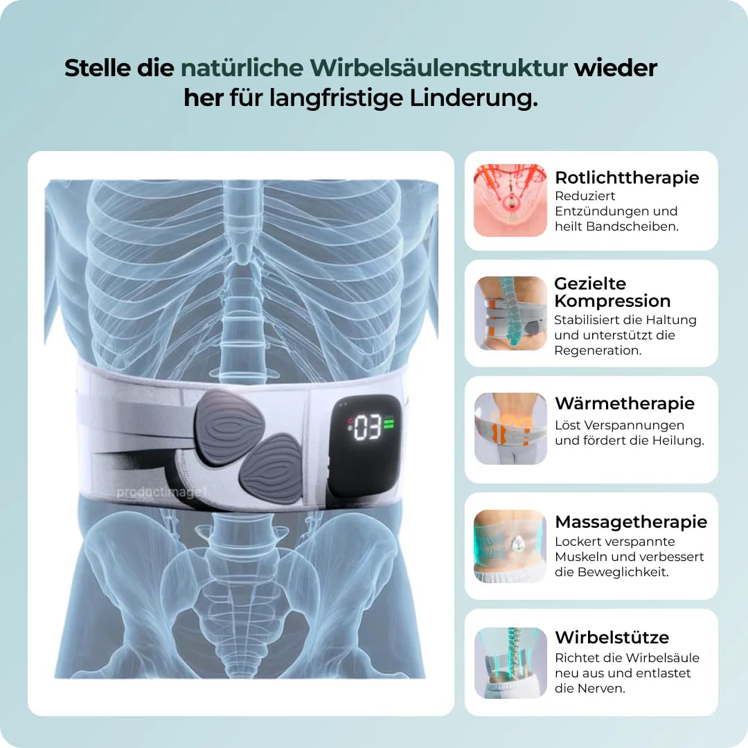 Relivera 5-in-1 Kompressionsgurt Lendenwirbelstützgurt für Frauen und Männer - 3 Massagemoden, 5 Wärmestufen, tragbar für die Taille