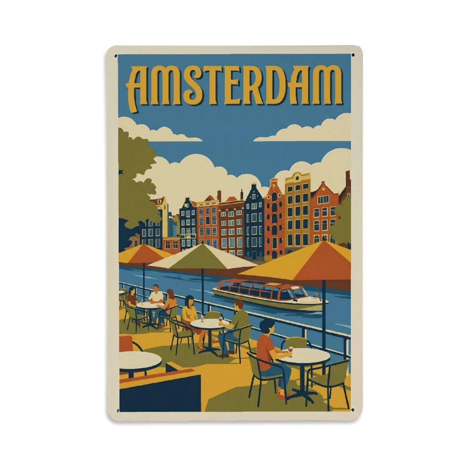 Okngb Style Canal Terrace Amsterdam Dutch Retro City Travel Urban Metal Tin Sign Plaque Wall Decor For Cafe, Man Cave, Club Bar, Office, Home Garden Round Metal Poster 8X12inch