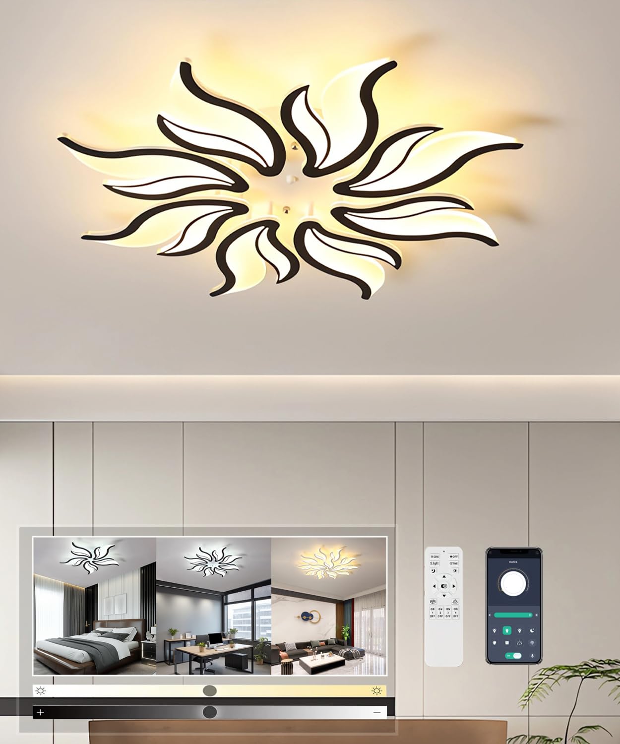 Moderna plafoniera a LED Lampada da soffitto dimmerabile per soggiorno con telecomando Lampadario 58W 6500K Plafoniere a forma di fiore per camera da letto sala da pranzo ufficio (Nero, 8 teste)