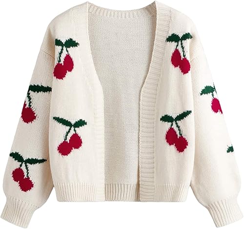 SHENHE Girl's V Neck Cherry Print Cute Open Front Soft Drop Shoulder Cardigan Sw